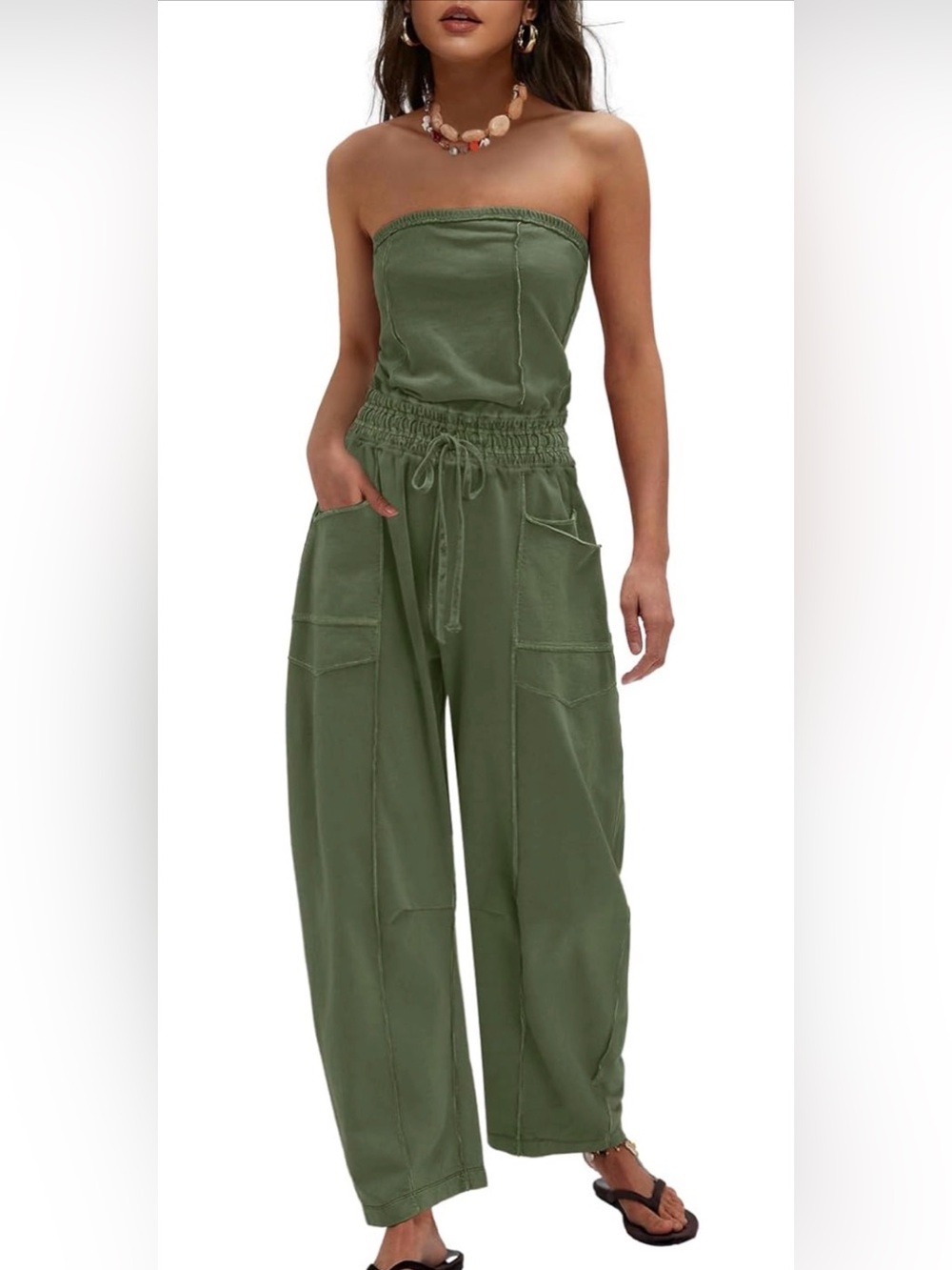 Strapless Cargo Jumpsuit in Army Green, Sz MED